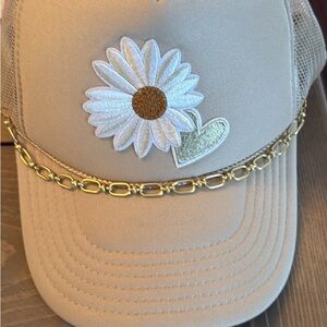 OTTO khaki Trucker Cap with Heart and flower patches and gold chain- brand new